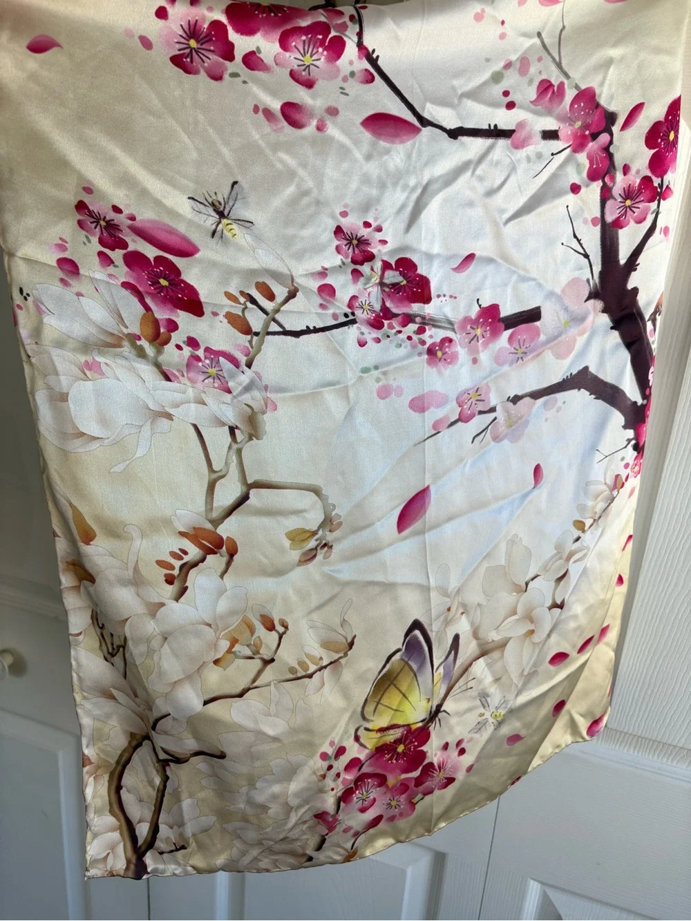 Luxury 100% Charmeuse Silk Long Scarf Cherry Blossom Bird Floral Novelty Academi